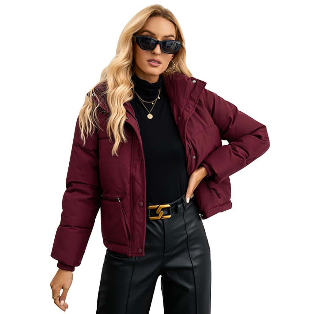 Cropped Puffer Jacket Women's Winter Quilted Lightweight Zip Up Coat
